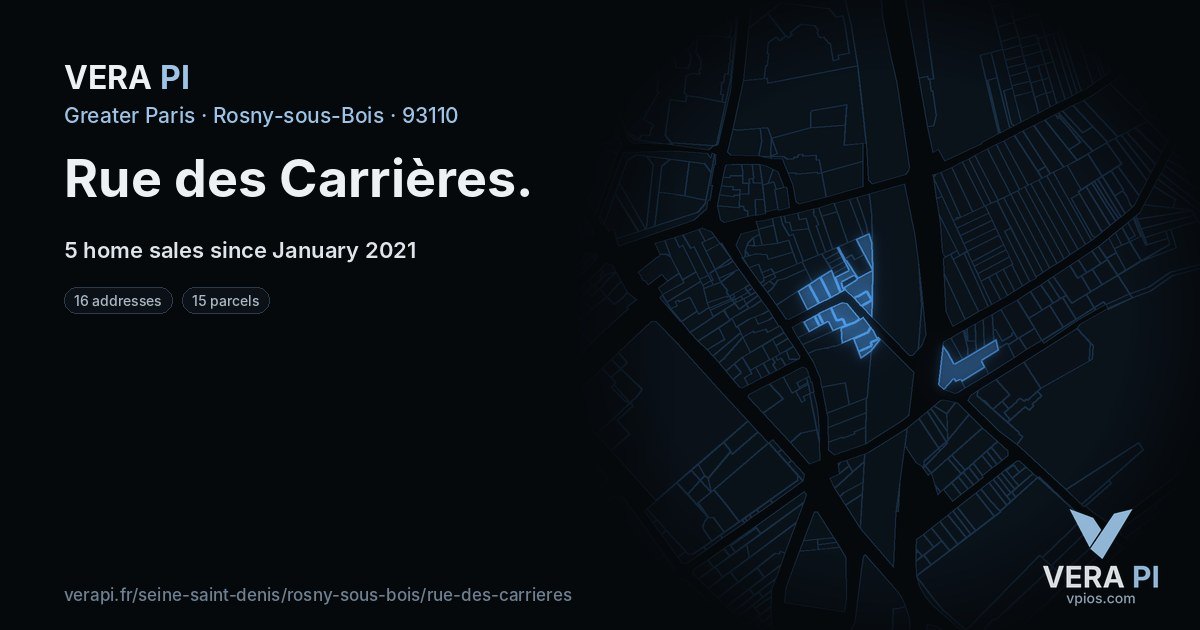 Rue des Carrières, Rosny-sous-Bois at night – every parcel coloured by the prices around it, the street's own parcels lit