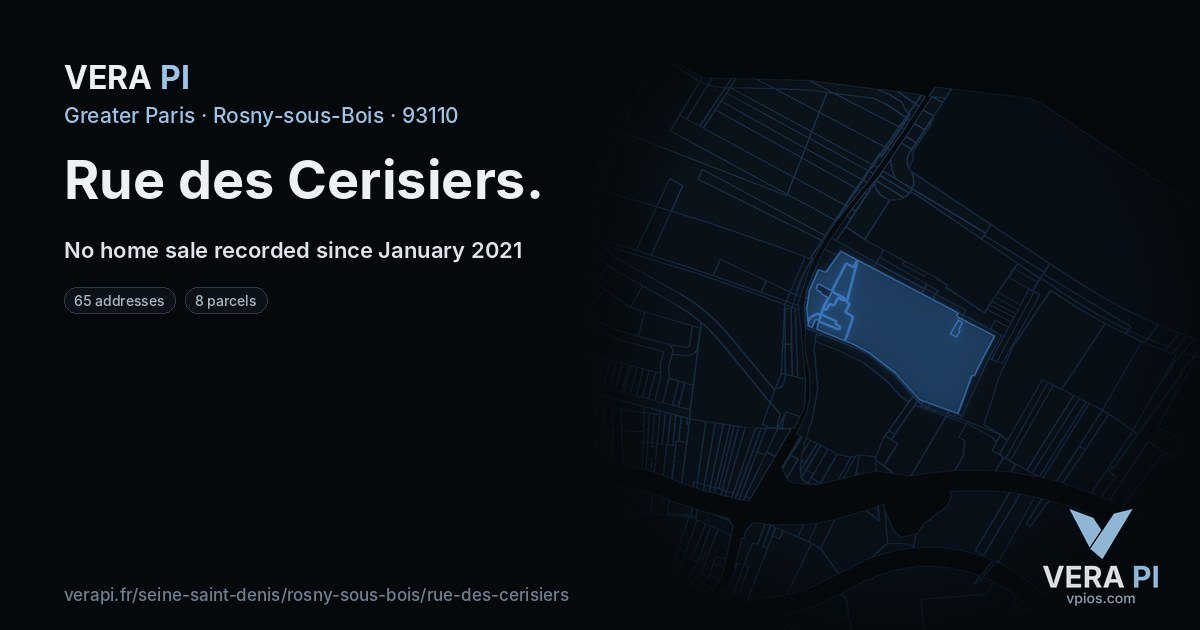Rue des Cerisiers, Rosny-sous-Bois at night – every parcel coloured by the prices around it, the street's own parcels lit