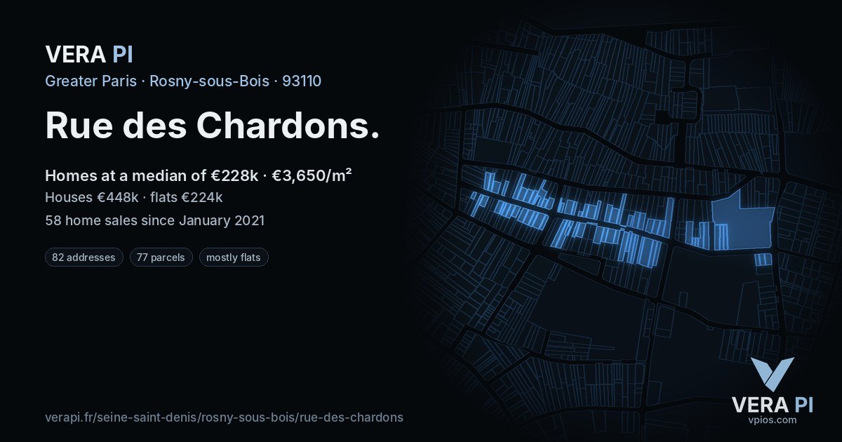 Rue des Chardons, Rosny-sous-Bois at night – every parcel coloured by the prices around it, the street's own parcels lit