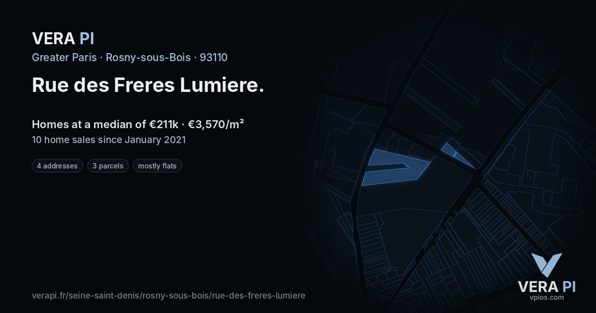 Rue des Freres Lumiere, Rosny-sous-Bois at night – every parcel coloured by the prices around it, the street's own parcels lit