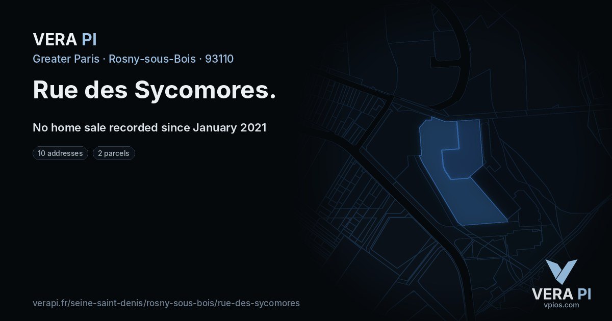 Rue des Sycomores, Rosny-sous-Bois at night – every parcel coloured by the prices around it, the street's own parcels lit