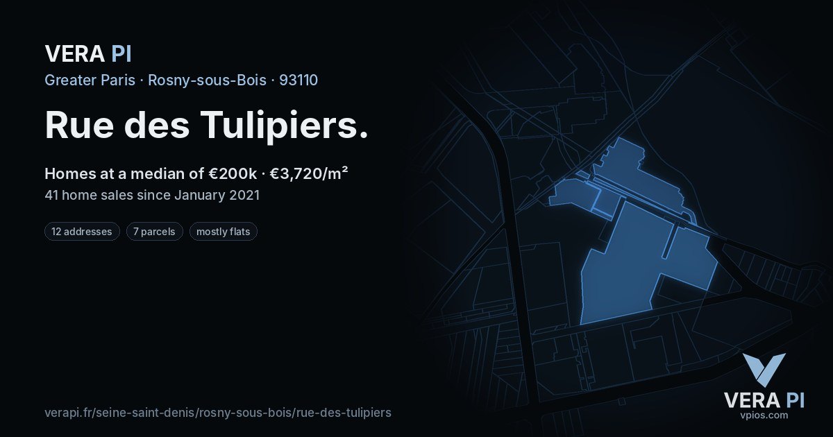 Rue des Tulipiers, Rosny-sous-Bois at night – every parcel coloured by the prices around it, the street's own parcels lit
