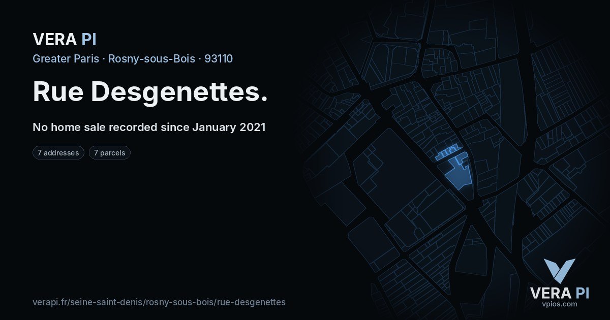 Rue Desgenettes, Rosny-sous-Bois at night – every parcel coloured by the prices around it, the street's own parcels lit