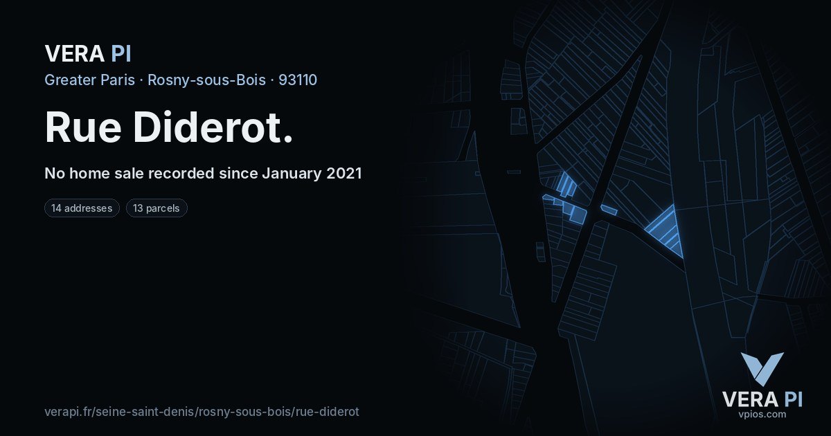 Rue Diderot, Rosny-sous-Bois at night – every parcel coloured by the prices around it, the street's own parcels lit