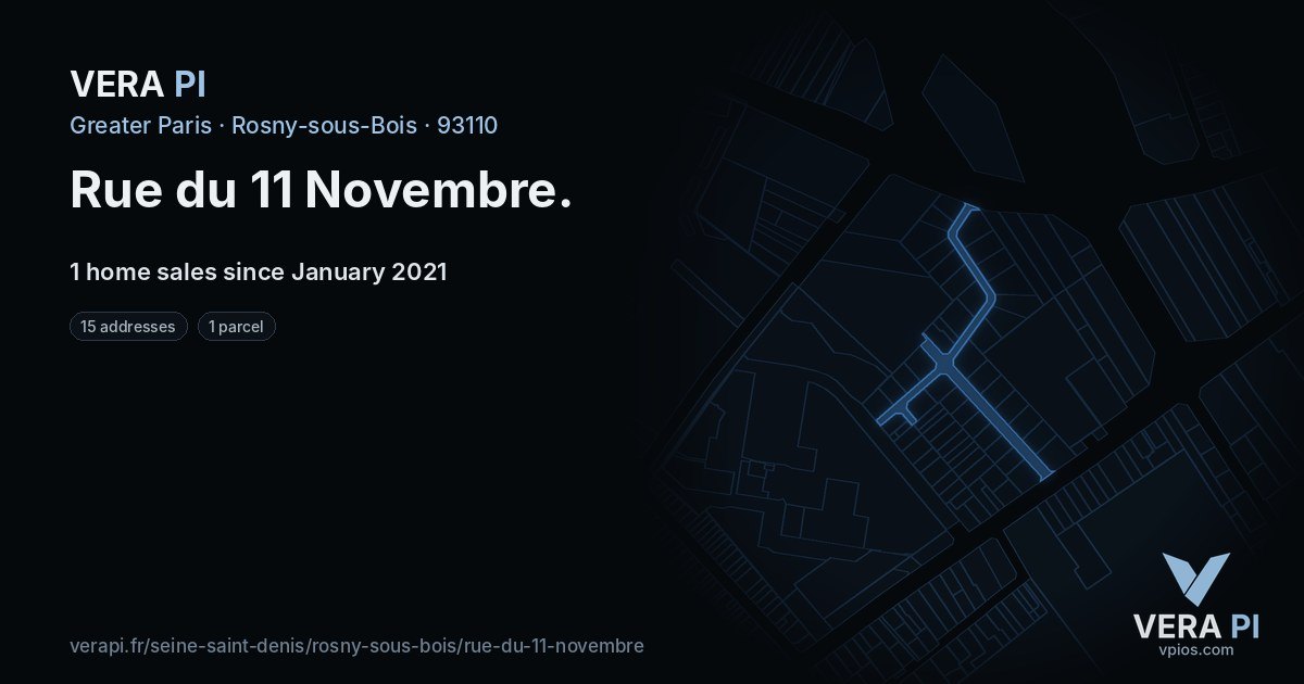 Rue du 11 Novembre, Rosny-sous-Bois at night – every parcel coloured by the prices around it, the street's own parcels lit
