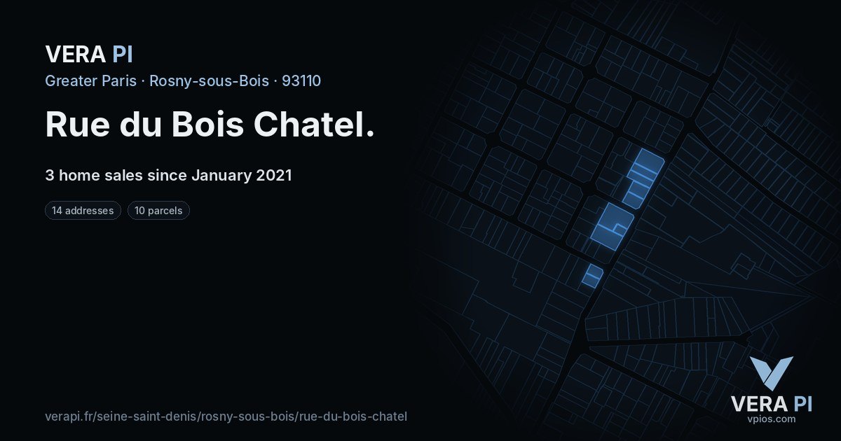 Rue du Bois Chatel, Rosny-sous-Bois at night – every parcel coloured by the prices around it, the street's own parcels lit