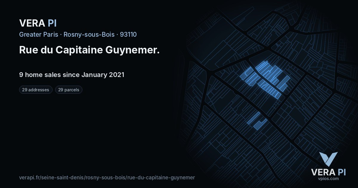 Rue du Capitaine Guynemer, Rosny-sous-Bois at night – every parcel coloured by the prices around it, the street's own parcels lit