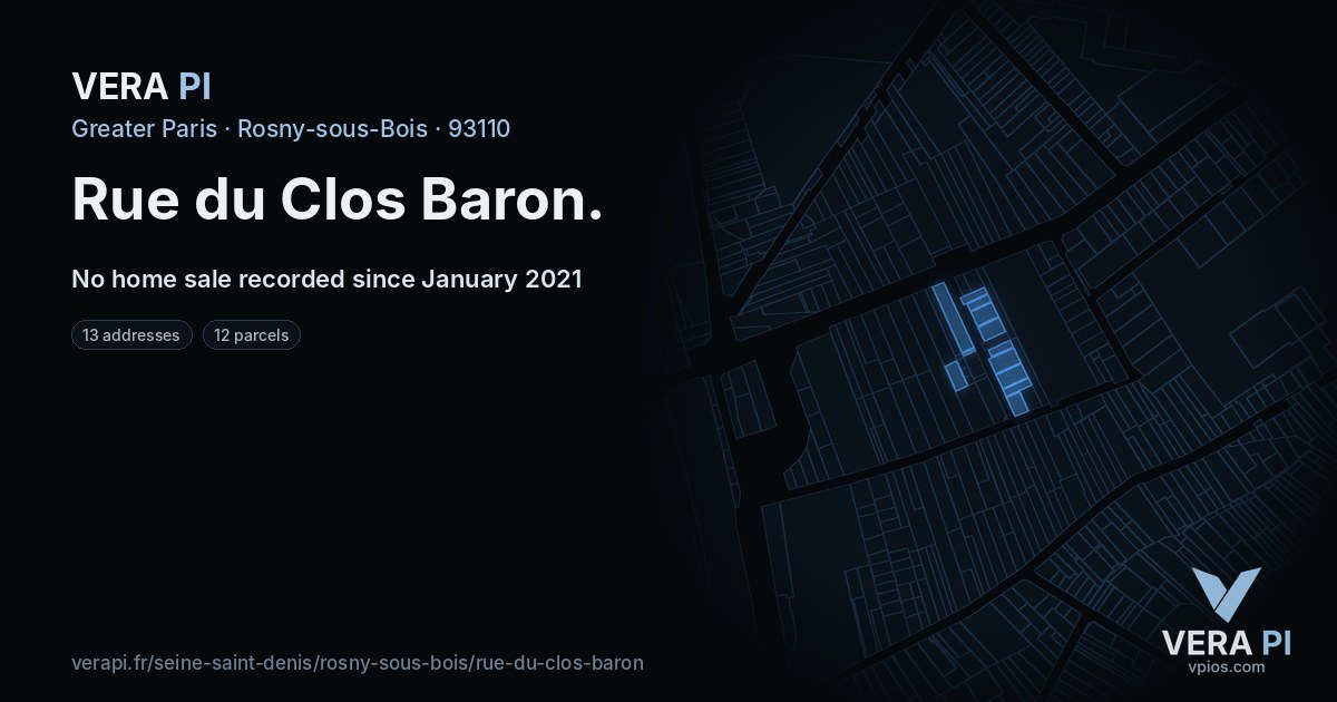 Rue du Clos Baron, Rosny-sous-Bois at night – every parcel coloured by the prices around it, the street's own parcels lit