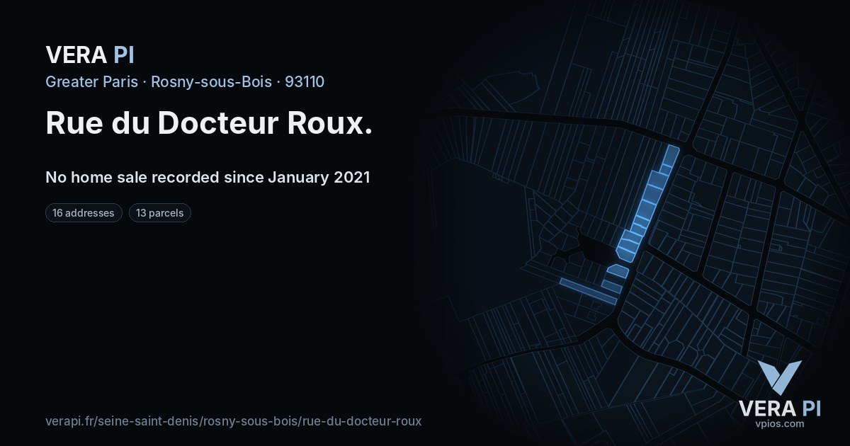 Rue du Docteur Roux, Rosny-sous-Bois at night – every parcel coloured by the prices around it, the street's own parcels lit