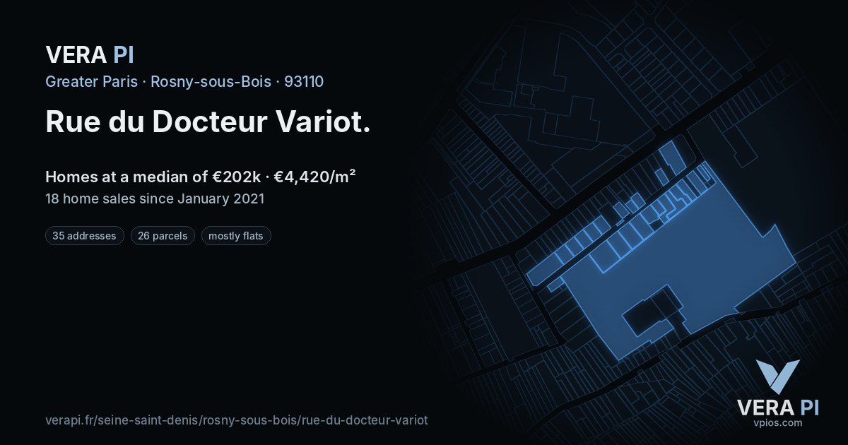 Rue du Docteur Variot, Rosny-sous-Bois at night – every parcel coloured by the prices around it, the street's own parcels lit