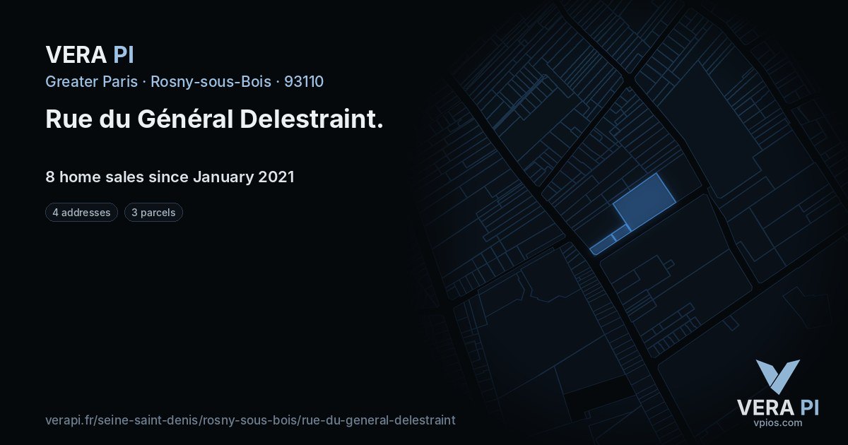 Rue du Général Delestraint, Rosny-sous-Bois at night – every parcel coloured by the prices around it, the street's own parcels lit