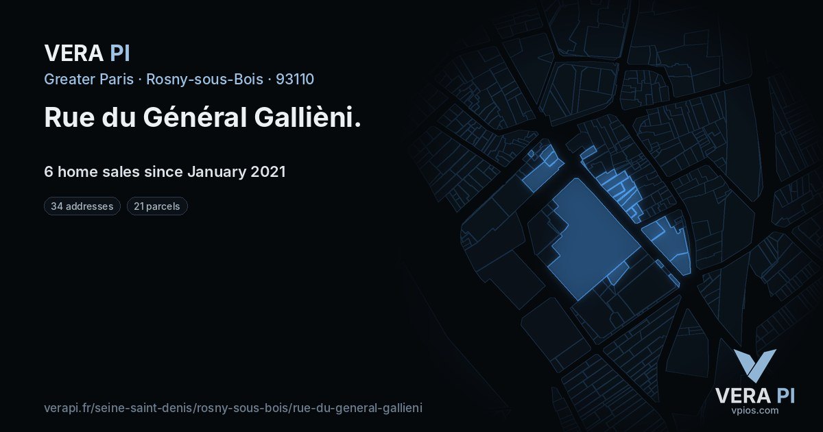 Rue du Général Gallièni, Rosny-sous-Bois at night – every parcel coloured by the prices around it, the street's own parcels lit