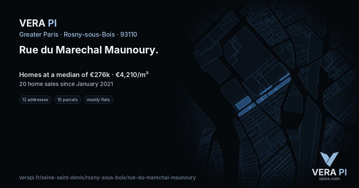 Rue du Marechal Maunoury, Rosny-sous-Bois at night – every parcel coloured by the prices around it, the street's own parcels lit