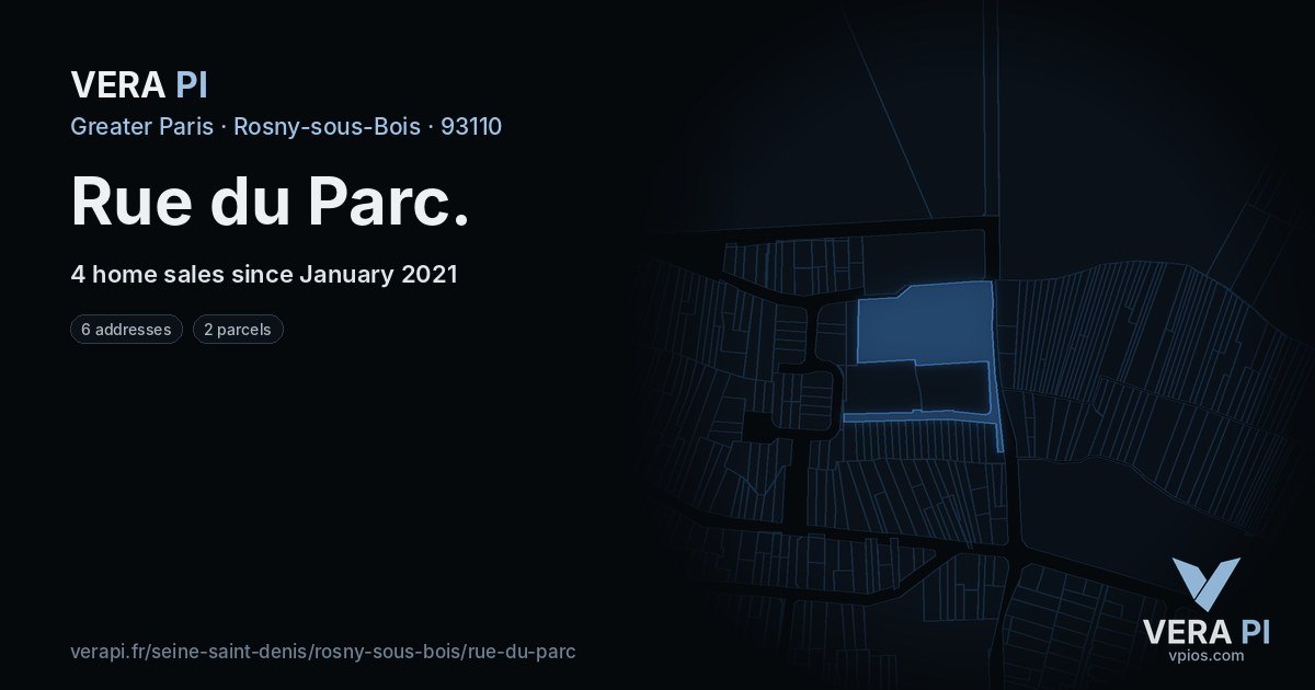 Rue du Parc, Rosny-sous-Bois at night – every parcel coloured by the prices around it, the street's own parcels lit