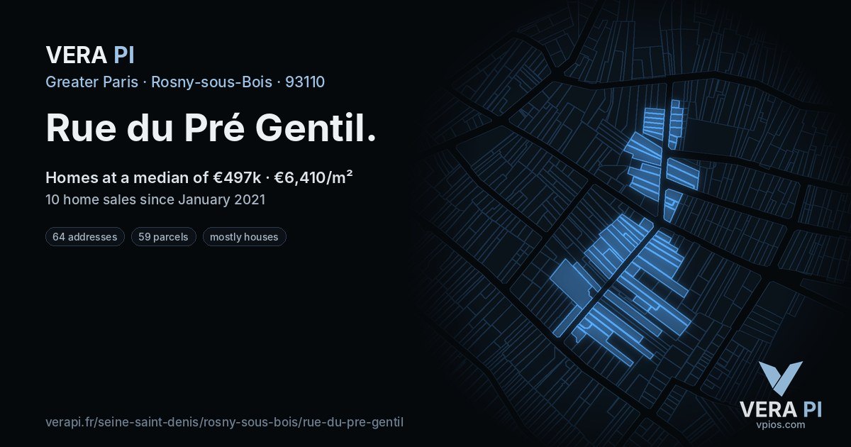 Rue du Pré Gentil, Rosny-sous-Bois at night – every parcel coloured by the prices around it, the street's own parcels lit