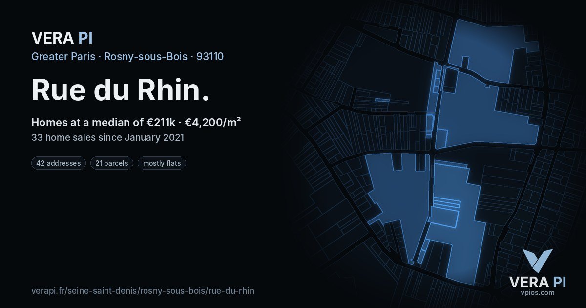 Rue du Rhin, Rosny-sous-Bois at night – every parcel coloured by the prices around it, the street's own parcels lit