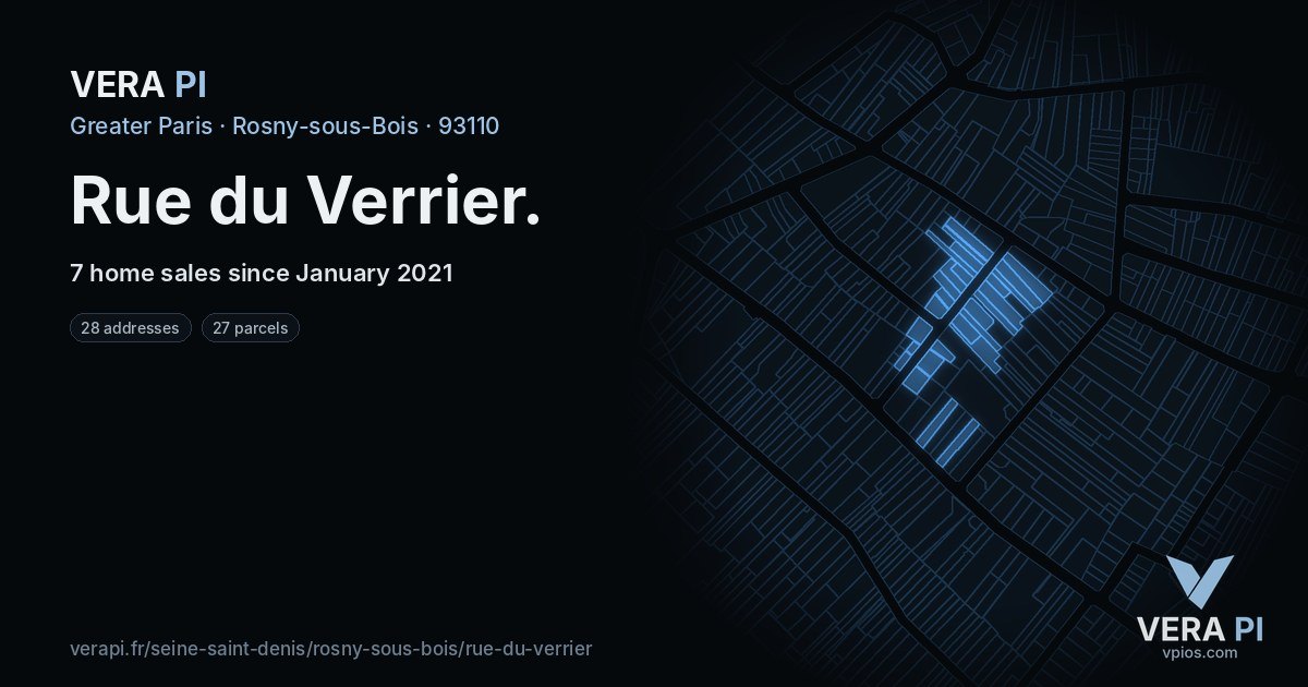 Rue du Verrier, Rosny-sous-Bois at night – every parcel coloured by the prices around it, the street's own parcels lit