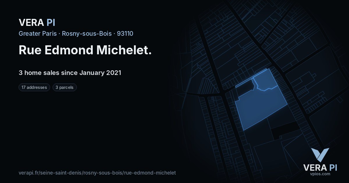 Rue Edmond Michelet, Rosny-sous-Bois at night – every parcel coloured by the prices around it, the street's own parcels lit