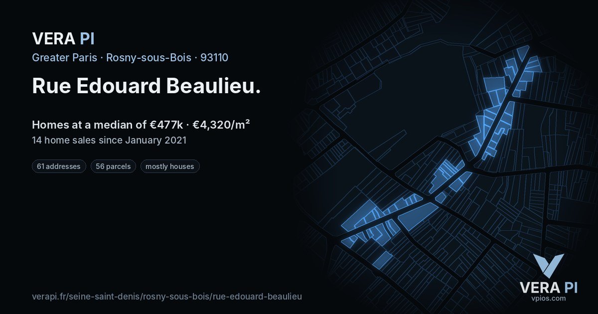Rue Edouard Beaulieu, Rosny-sous-Bois at night – every parcel coloured by the prices around it, the street's own parcels lit