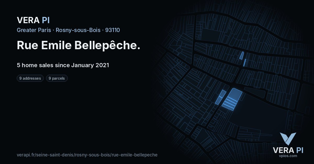 Rue Emile Bellepêche, Rosny-sous-Bois at night – every parcel coloured by the prices around it, the street's own parcels lit