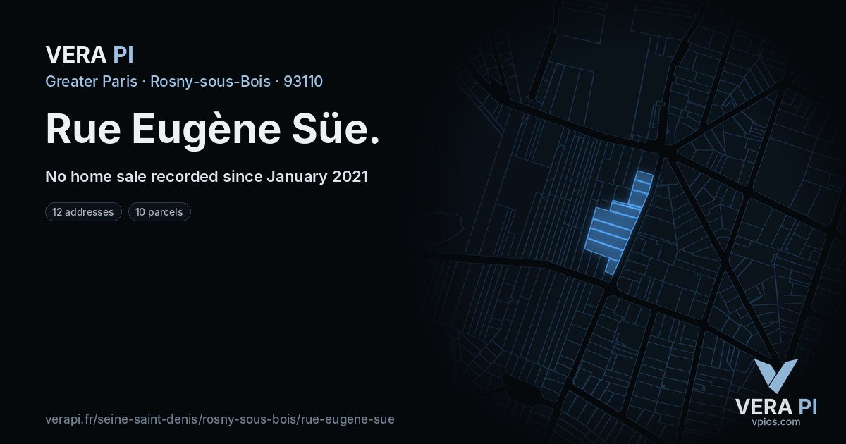 Rue Eugène Süe, Rosny-sous-Bois at night – every parcel coloured by the prices around it, the street's own parcels lit