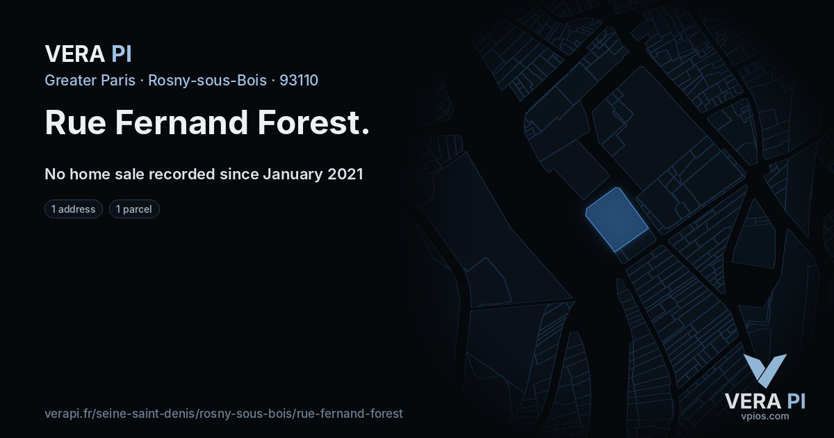 Rue Fernand Forest, Rosny-sous-Bois at night – every parcel coloured by the prices around it, the street's own parcels lit