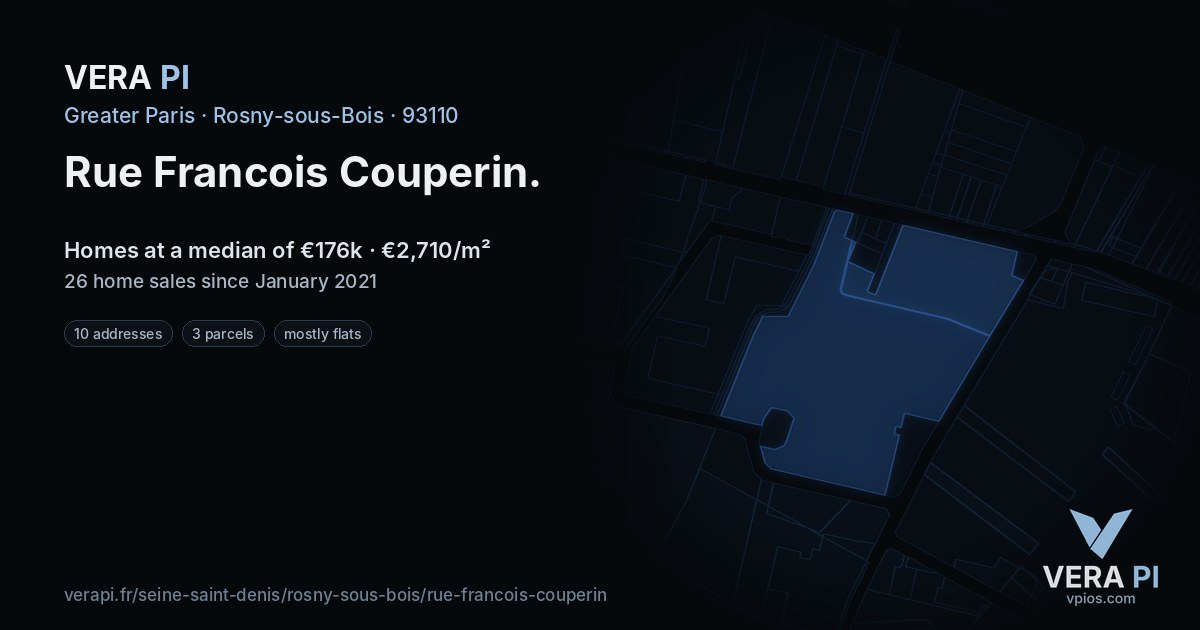 Rue Francois Couperin, Rosny-sous-Bois at night – every parcel coloured by the prices around it, the street's own parcels lit