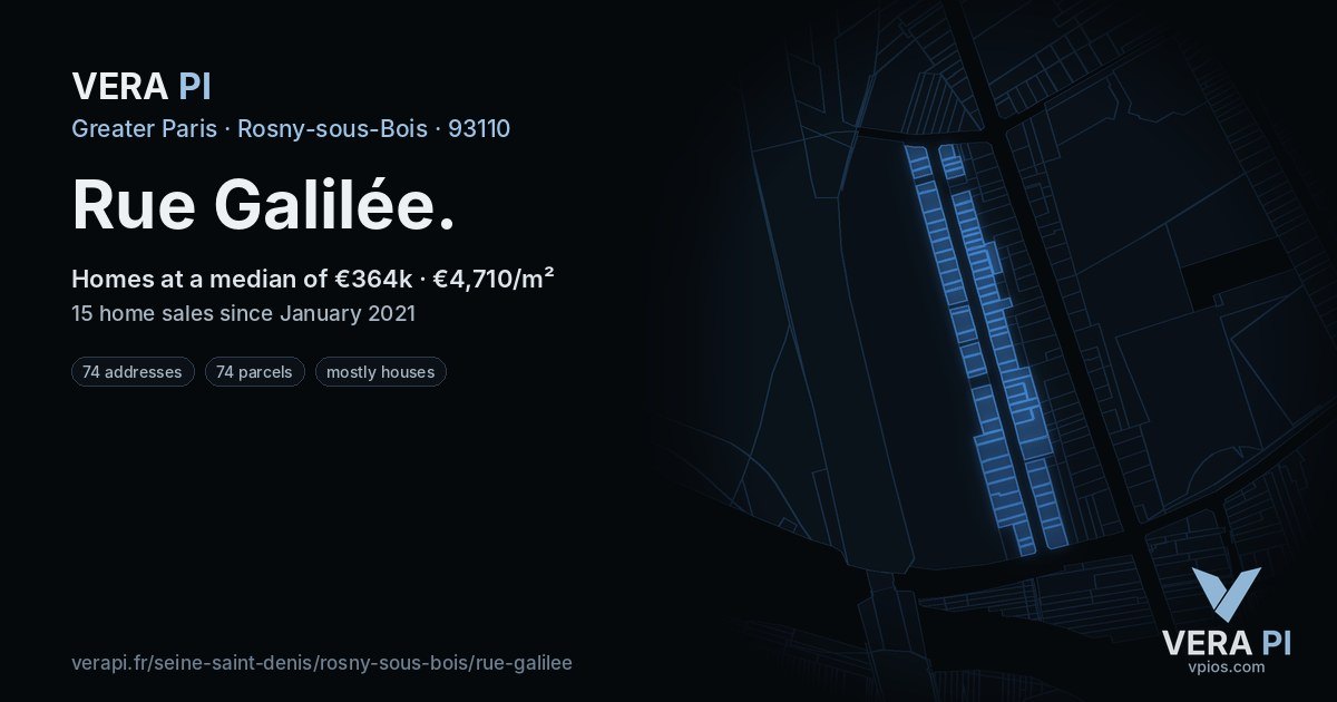 Rue Galilée, Rosny-sous-Bois at night – every parcel coloured by the prices around it, the street's own parcels lit