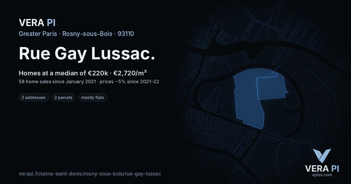 Rue Gay Lussac, Rosny-sous-Bois at night – every parcel coloured by the prices around it, the street's own parcels lit
