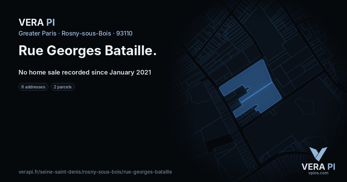 Rue Georges Bataille, Rosny-sous-Bois at night – every parcel coloured by the prices around it, the street's own parcels lit