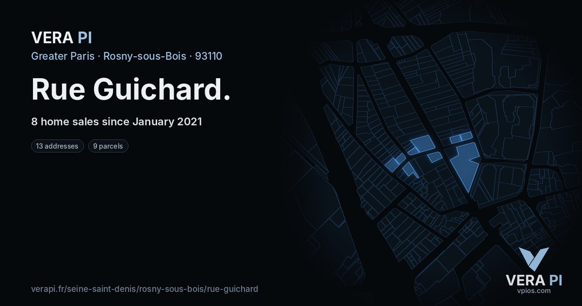 Rue Guichard, Rosny-sous-Bois at night – every parcel coloured by the prices around it, the street's own parcels lit