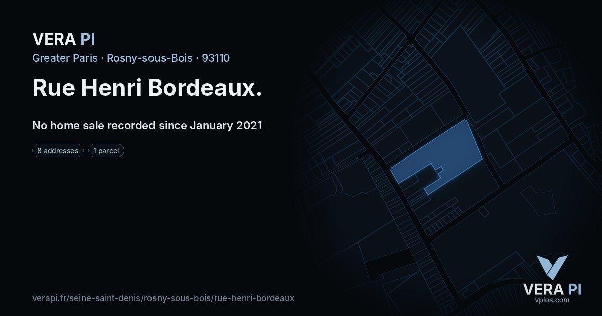 Rue Henri Bordeaux, Rosny-sous-Bois at night – every parcel coloured by the prices around it, the street's own parcels lit