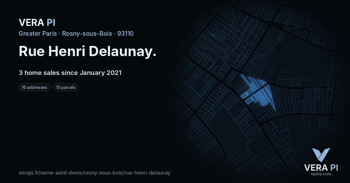 Rue Henri Delaunay, Rosny-sous-Bois at night – every parcel coloured by the prices around it, the street's own parcels lit