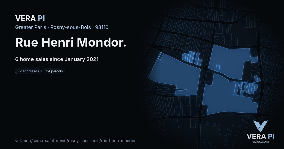 Rue Henri Mondor, Rosny-sous-Bois at night – every parcel coloured by the prices around it, the street's own parcels lit