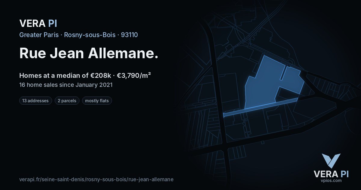 Rue Jean Allemane, Rosny-sous-Bois at night – every parcel coloured by the prices around it, the street's own parcels lit