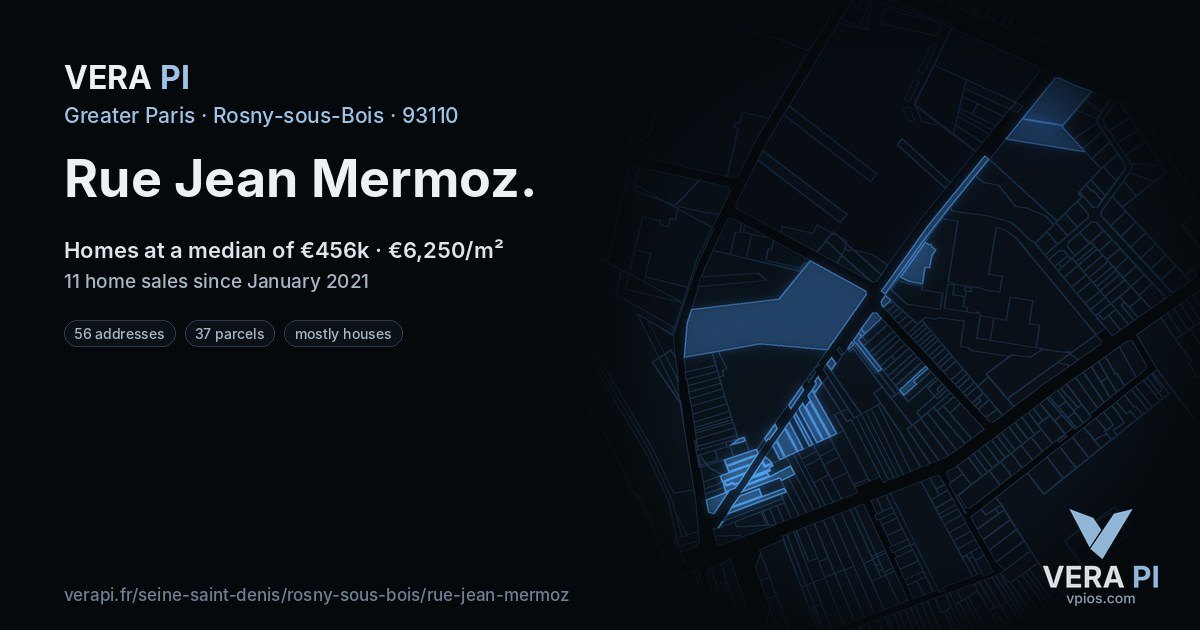 Rue Jean Mermoz, Rosny-sous-Bois at night – every parcel coloured by the prices around it, the street's own parcels lit