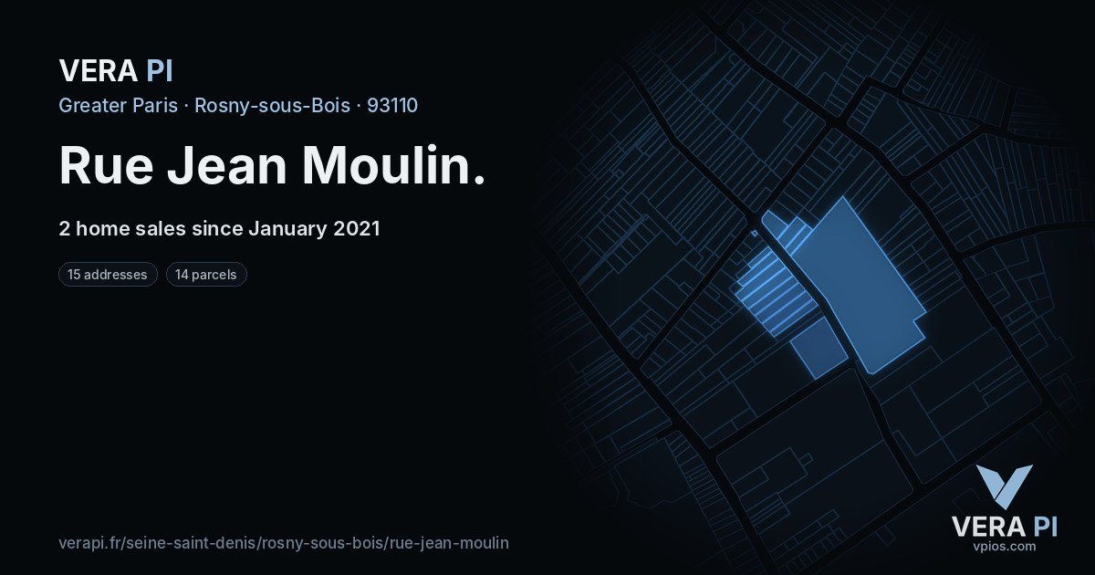 Rue Jean Moulin, Rosny-sous-Bois at night – every parcel coloured by the prices around it, the street's own parcels lit