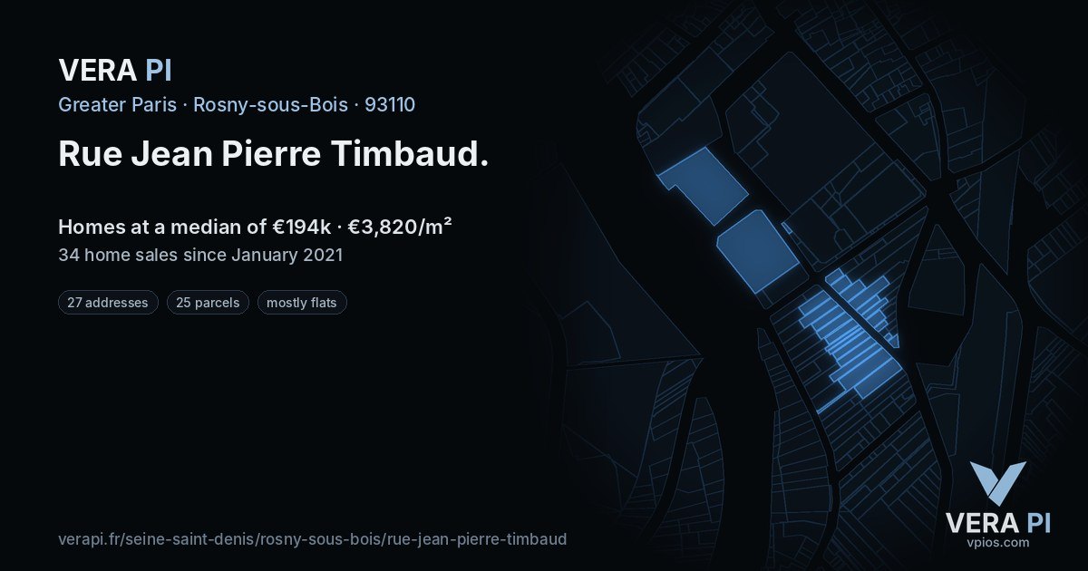 Rue Jean Pierre Timbaud, Rosny-sous-Bois at night – every parcel coloured by the prices around it, the street's own parcels lit