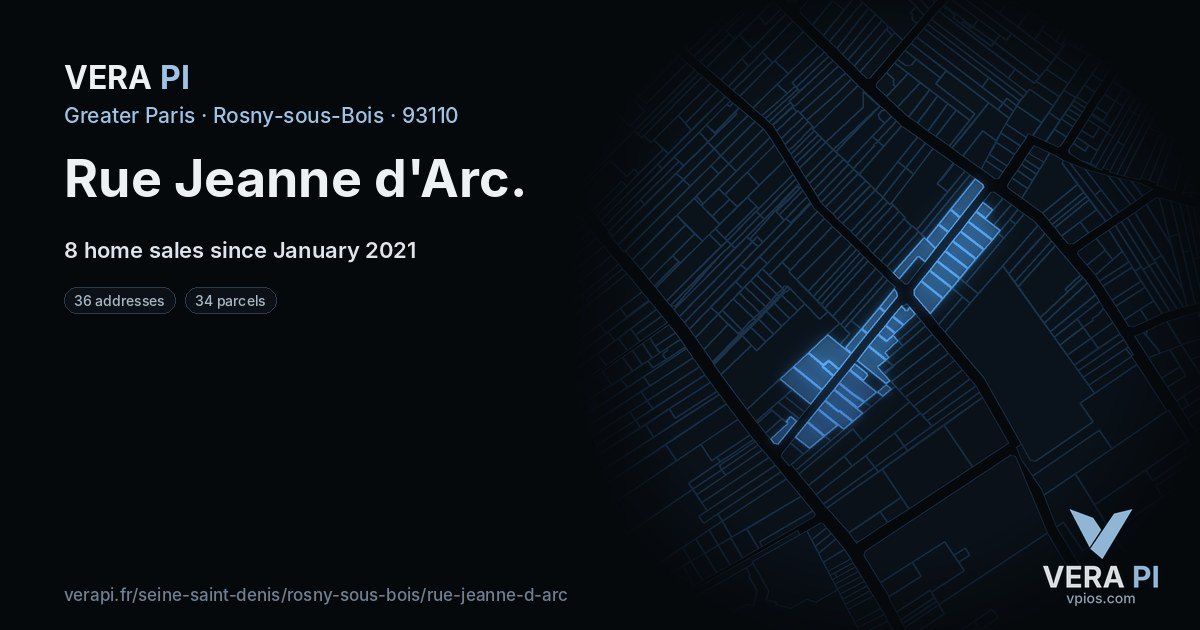 Rue Jeanne d'Arc, Rosny-sous-Bois at night – every parcel coloured by the prices around it, the street's own parcels lit