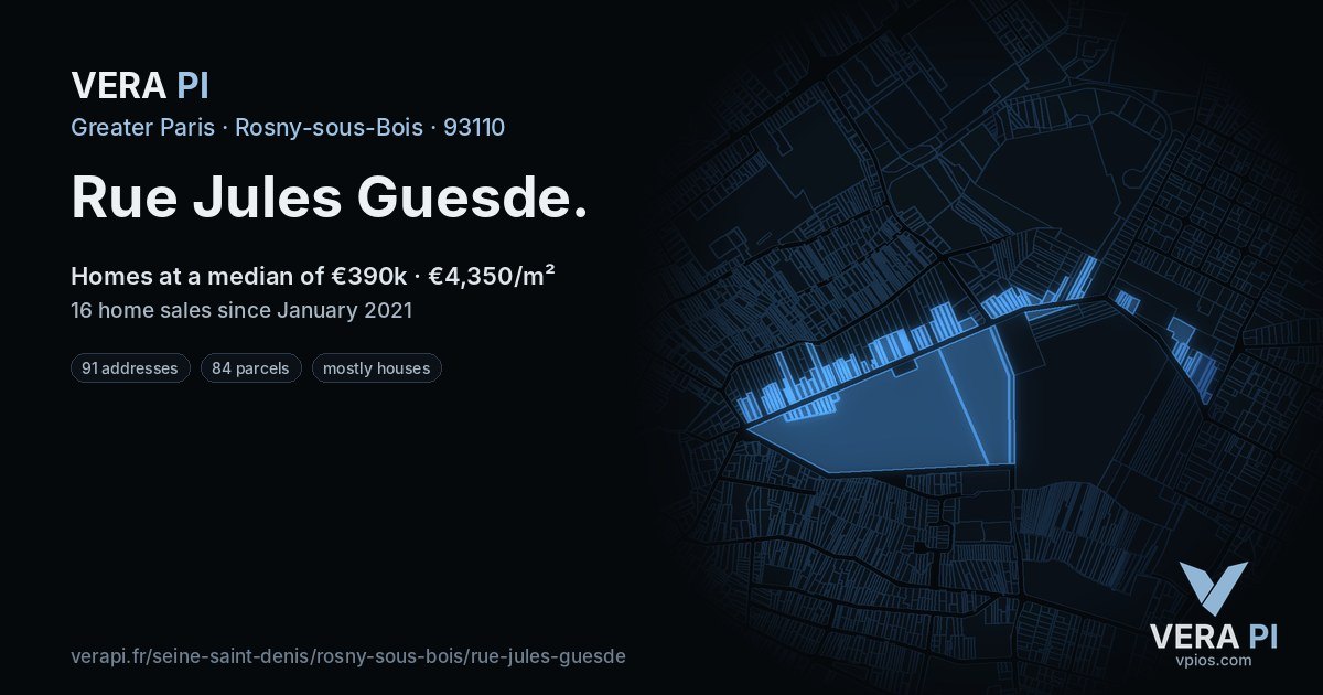 Rue Jules Guesde, Rosny-sous-Bois at night – every parcel coloured by the prices around it, the street's own parcels lit