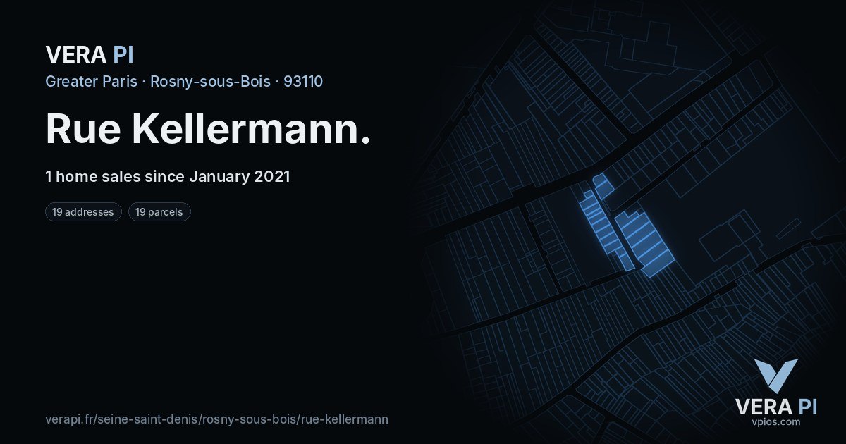 Rue Kellermann, Rosny-sous-Bois at night – every parcel coloured by the prices around it, the street's own parcels lit