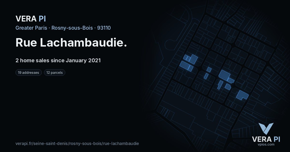Rue Lachambaudie, Rosny-sous-Bois at night – every parcel coloured by the prices around it, the street's own parcels lit