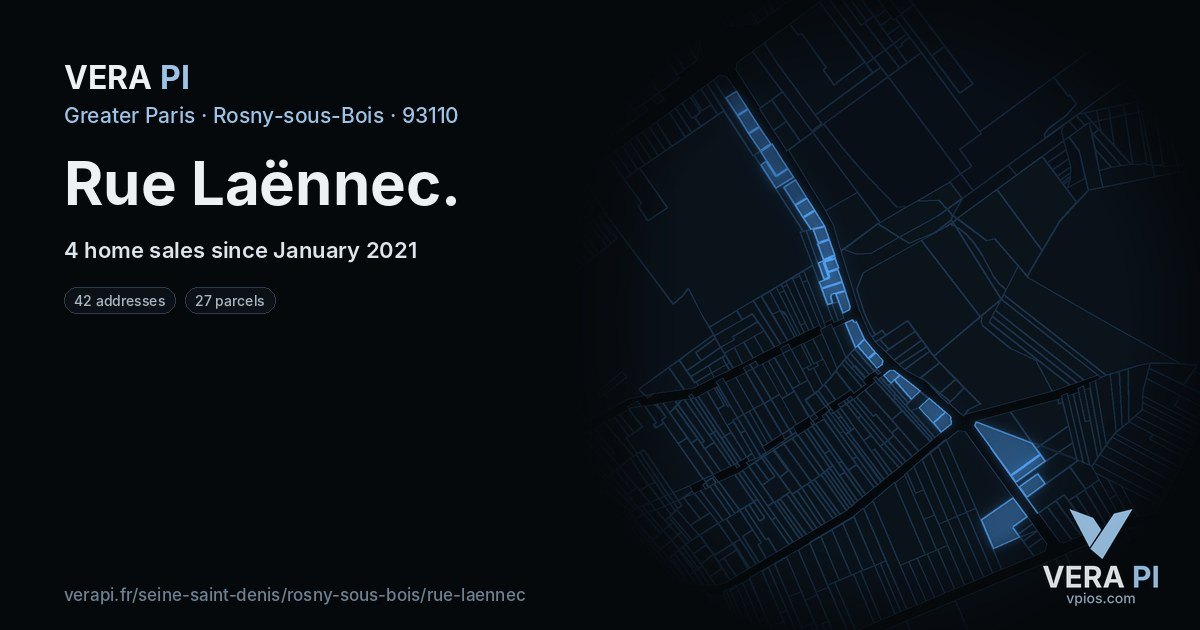 Rue Laënnec, Rosny-sous-Bois at night – every parcel coloured by the prices around it, the street's own parcels lit