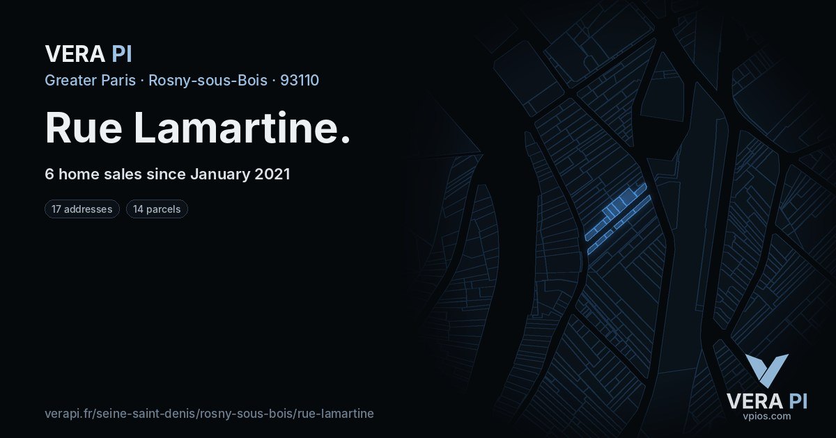 Rue Lamartine, Rosny-sous-Bois at night – every parcel coloured by the prices around it, the street's own parcels lit