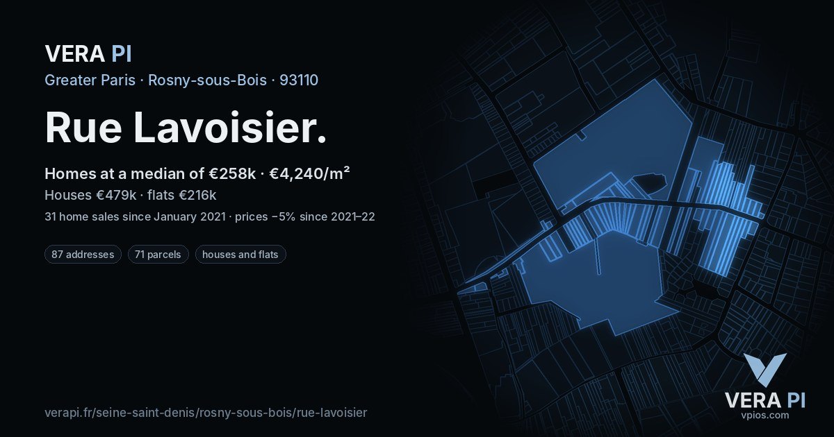 Rue Lavoisier, Rosny-sous-Bois at night – every parcel coloured by the prices around it, the street's own parcels lit