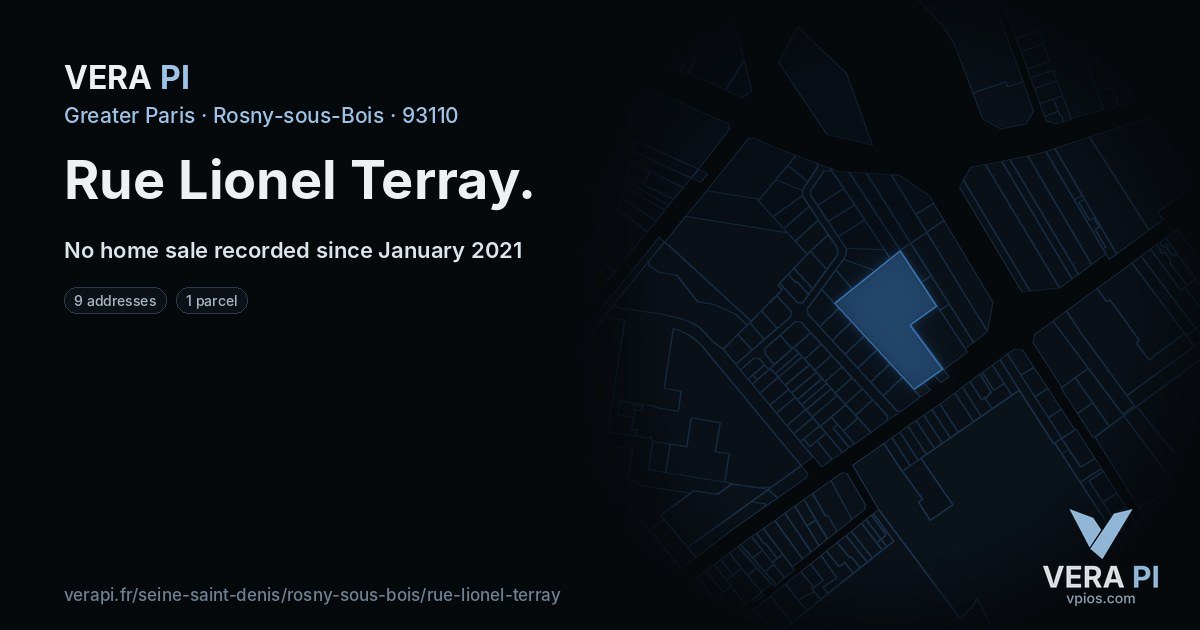 Rue Lionel Terray, Rosny-sous-Bois at night – every parcel coloured by the prices around it, the street's own parcels lit
