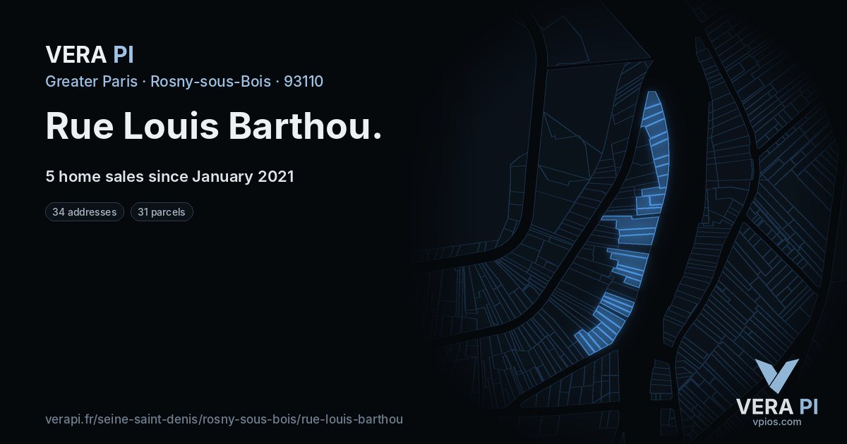 Rue Louis Barthou, Rosny-sous-Bois at night – every parcel coloured by the prices around it, the street's own parcels lit