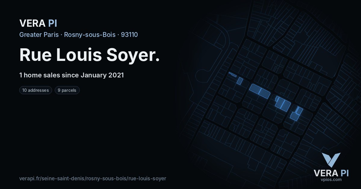Rue Louis Soyer, Rosny-sous-Bois at night – every parcel coloured by the prices around it, the street's own parcels lit