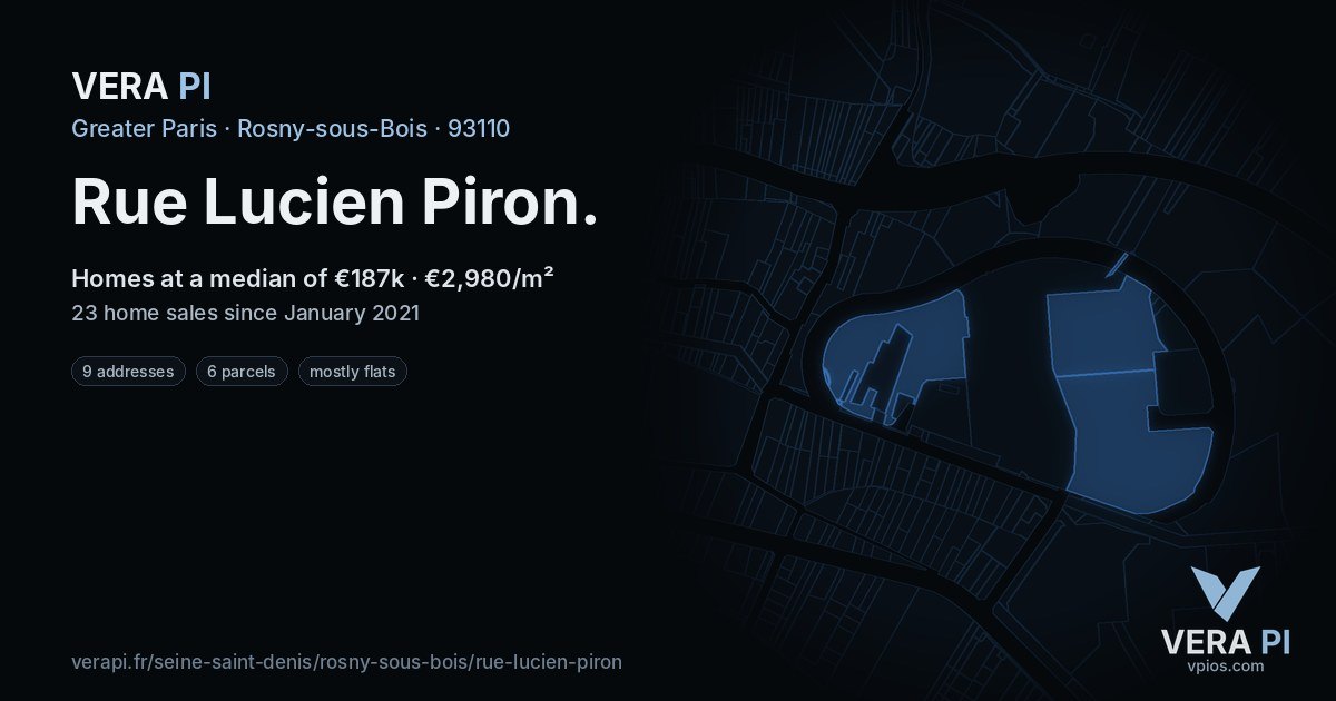 Rue Lucien Piron, Rosny-sous-Bois at night – every parcel coloured by the prices around it, the street's own parcels lit