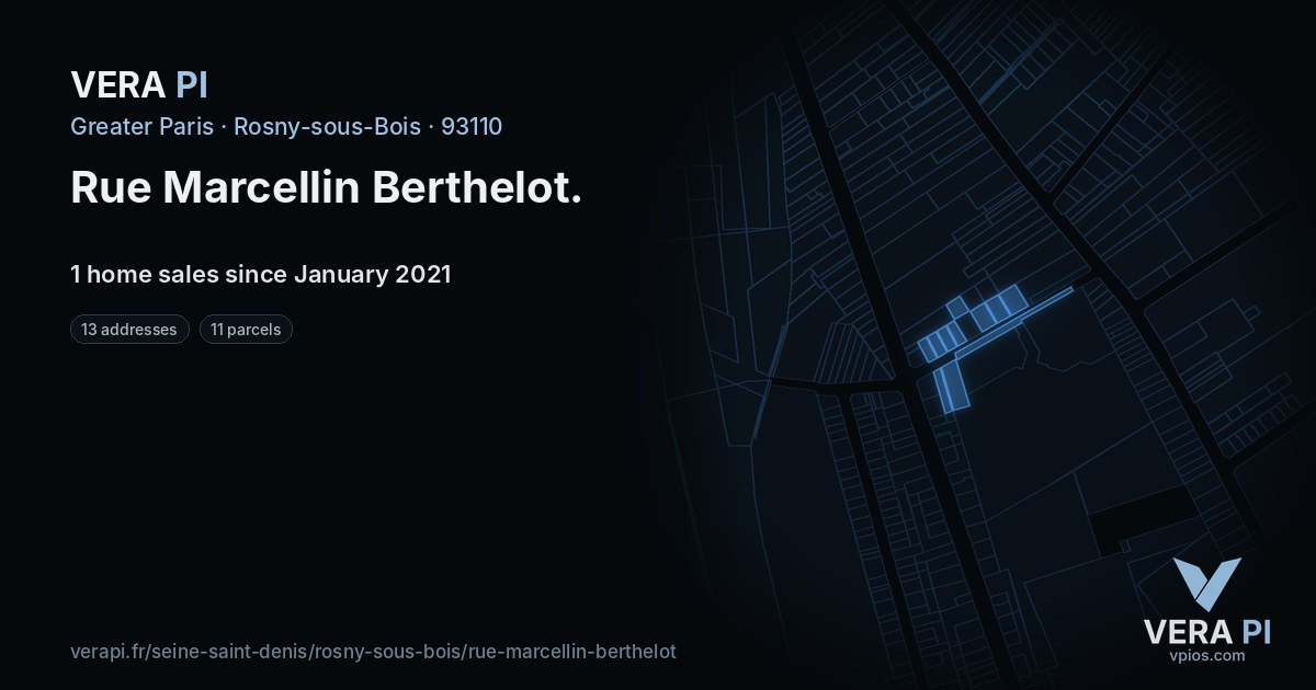 Rue Marcellin Berthelot, Rosny-sous-Bois at night – every parcel coloured by the prices around it, the street's own parcels lit